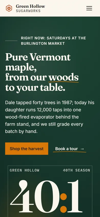 Phone screenshot of the Green Hollow Sugarworks demo — opens the live demo